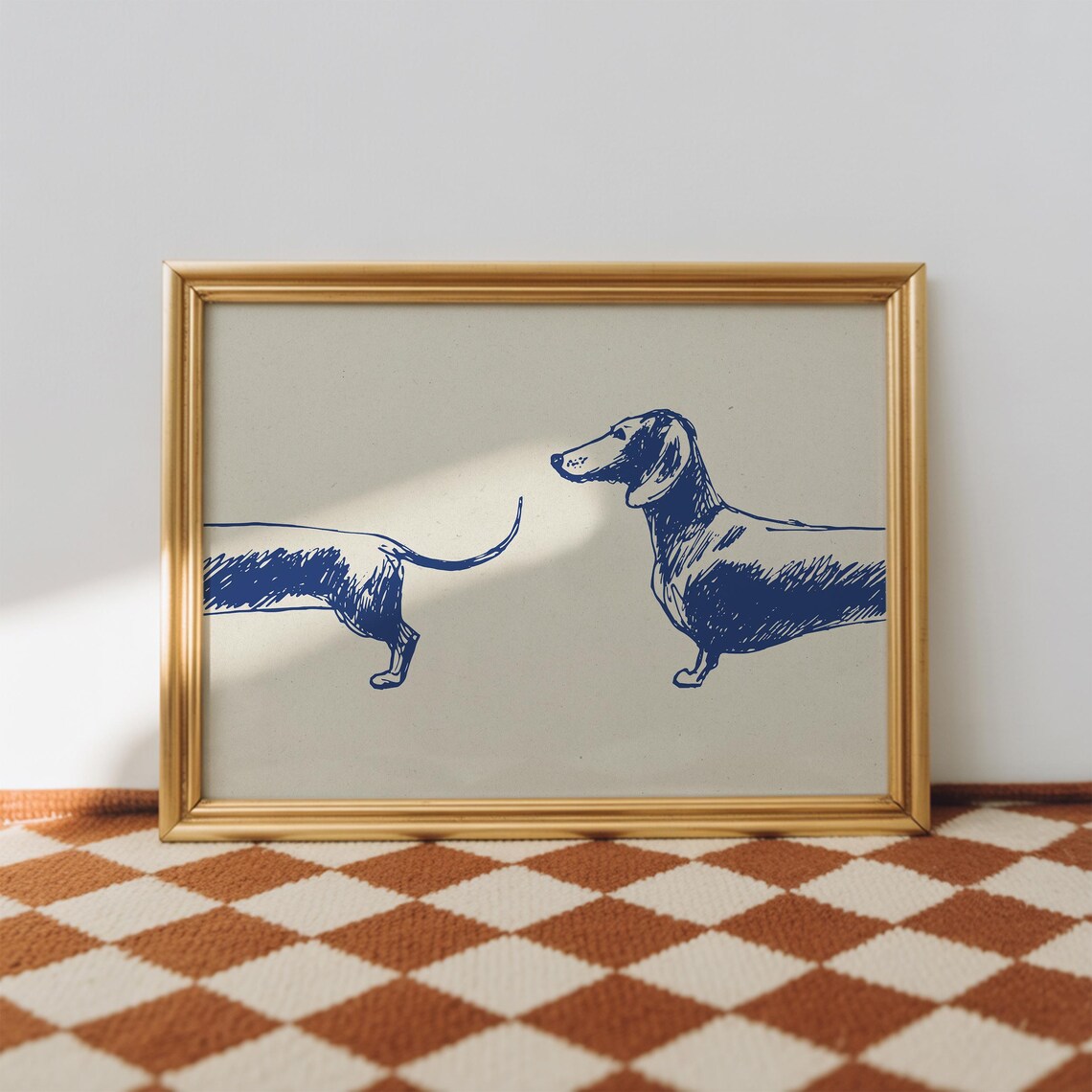 Blue Ink Dachshund Long Sketch Minimalist Dog Line Drawing Wall Art