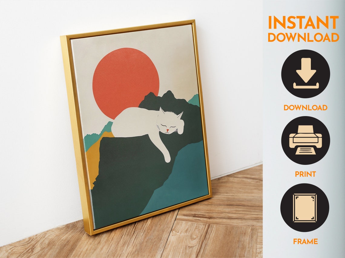 Sleeping White Cat On Cliff Red Sun Minimal Japanese Style Poster - Image 6