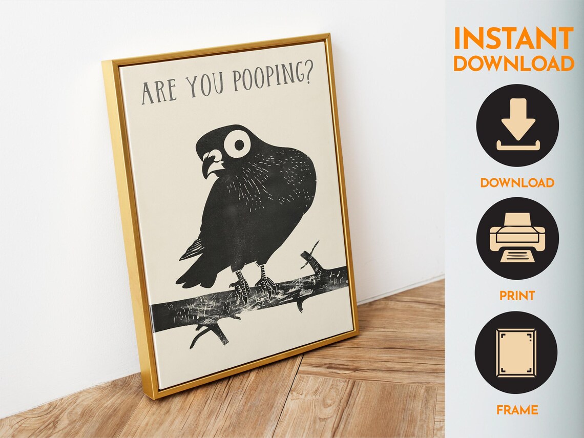 Are You Pooping Black Linocut Pigeon Branch Funny Bathroom Poster - Image 6