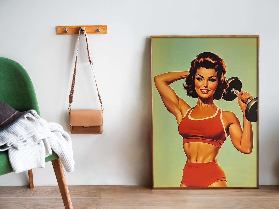 Retro Woman Lifting Dumbbell Vintage Fitness Illustration Poster - Image 5
