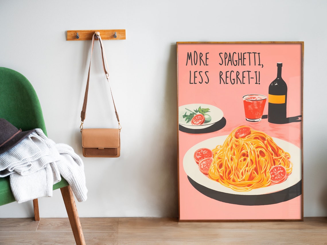 More Spaghetti Less Regret I Pink Retro Italian Food Wine Poster - Image 5