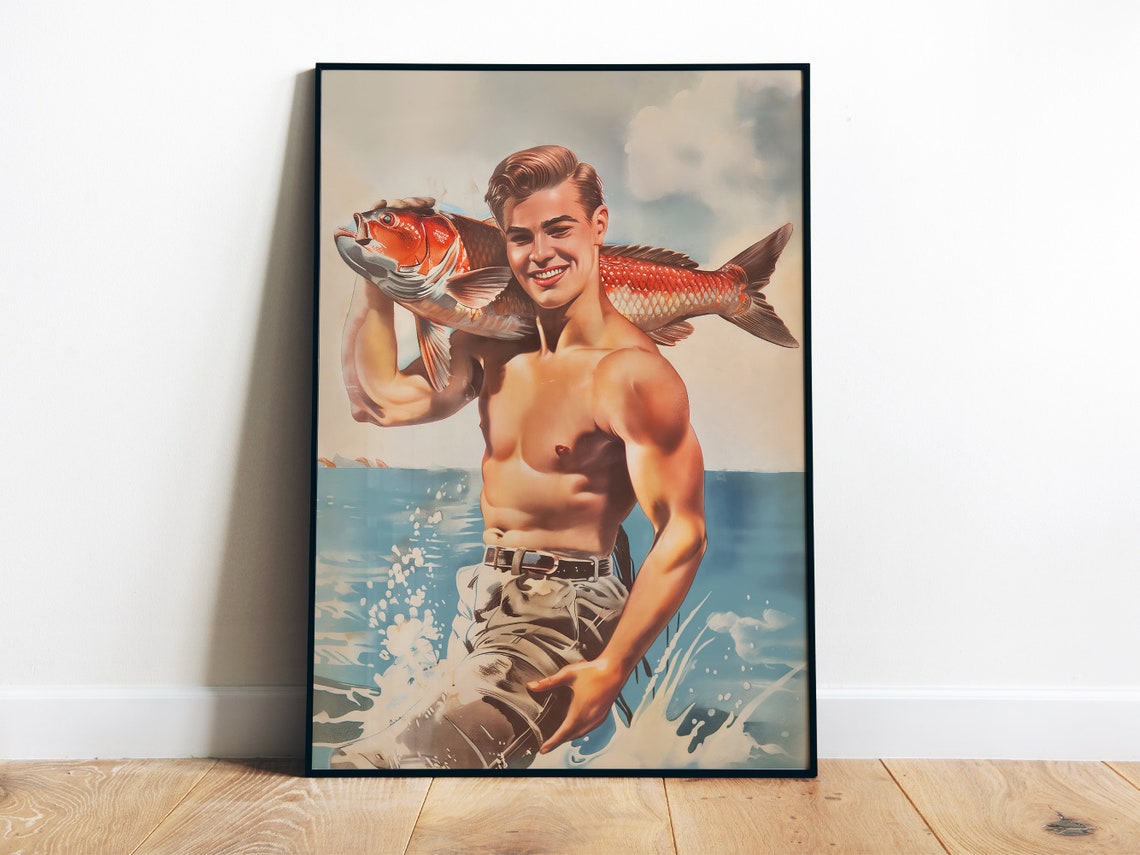 Retro Handsome Man Poster Vintage Fisherman Art Funny Print Gay Art Lgbtq Queer Art Print Fish Original Art 60s 70s Fishing Wall Art
