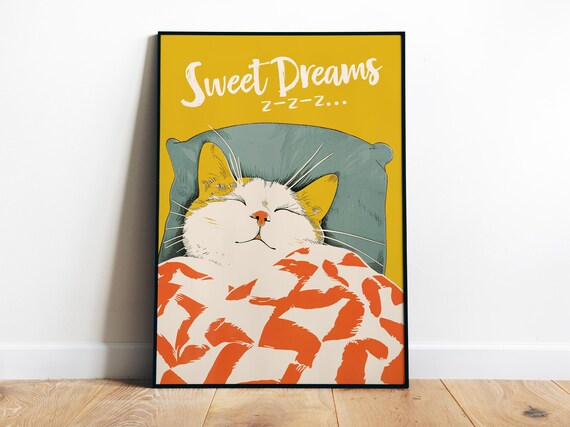 Sweet Dreams Sleepy White Cat In Bed Yellow Retro Bedroom Poster