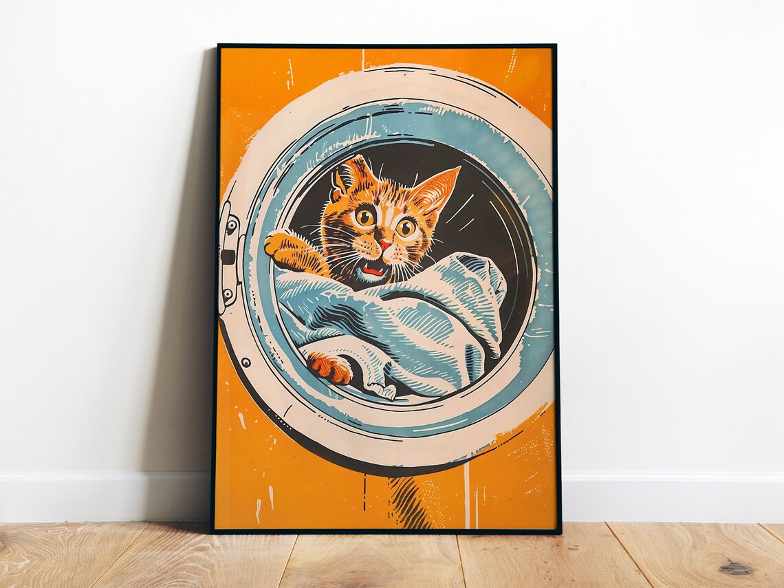 Retro Funny Laundry Cat Poster Print, Utility Room