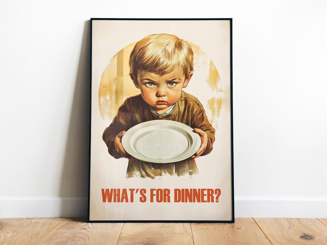 Whats For Dinner Grumpy Kid Empty Plate Funny Vintage Kitchen Poster