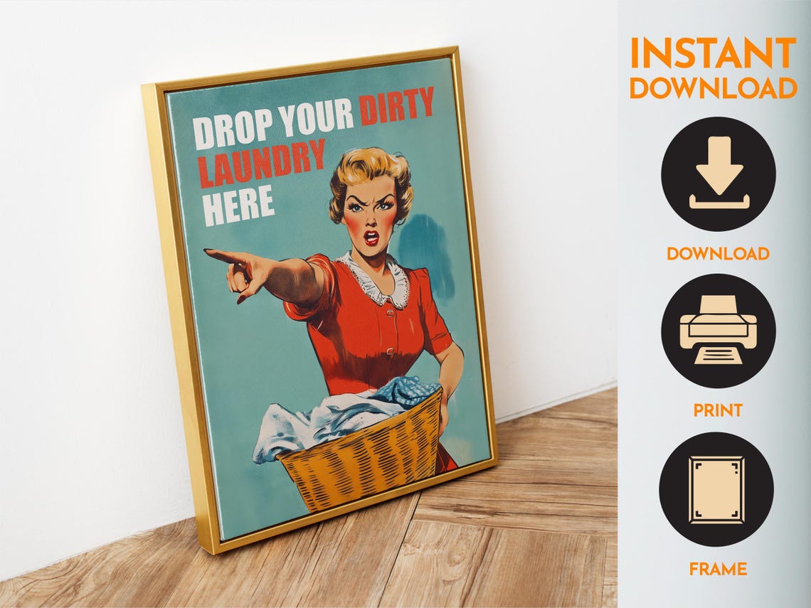 Drop Your Dirty Laundry Here Retro Pointing Woman Funny Laundry Poster - Image 6