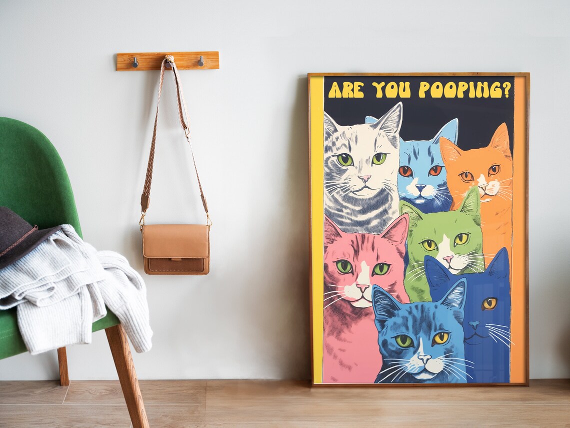 Are You Pooping Six Colorful Pop Art Cats Funny Bathroom Poster - Image 5
