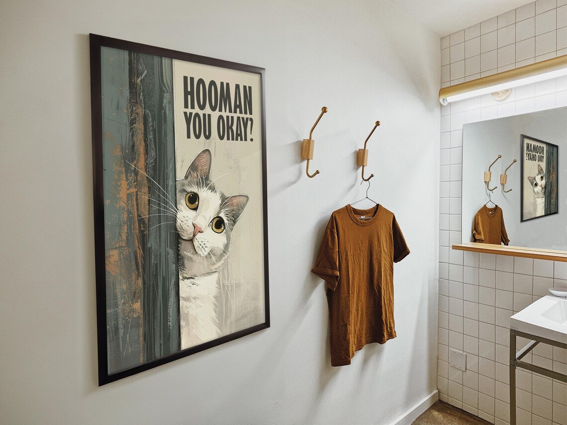 Hooman You Okay Funny Cat Peeking Door Painted Beige Retro Poster - Image 4