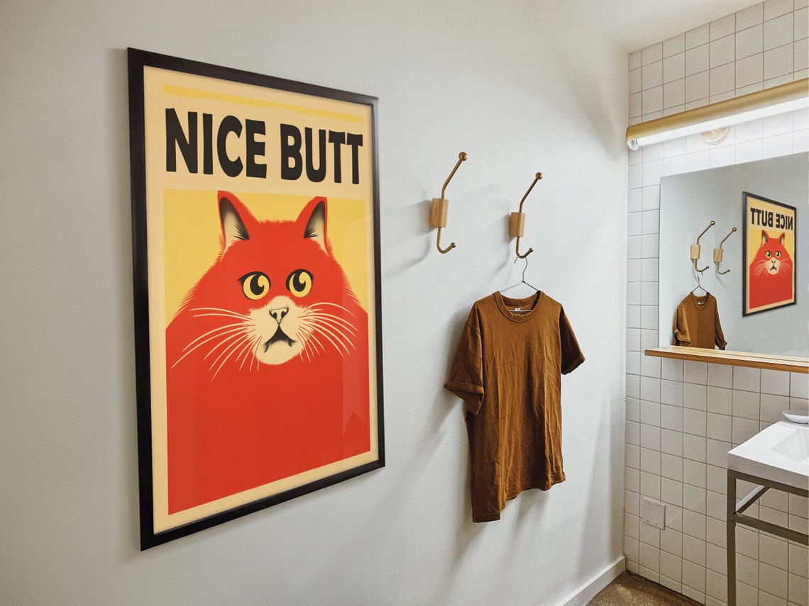 Nice Butt Funny Red Cat Face Retro Bathroom Quote Art Poster - Image 4