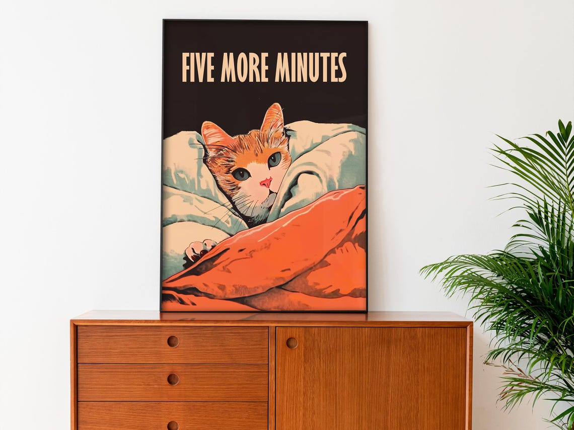 Five More Minutes Sleepy Orange Cat In Blankets Retro Bed Poster - Image 3