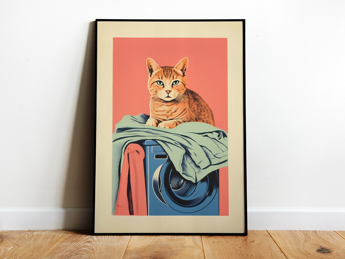 Laundry Day Retro Cat Bathroom Wall Art Print