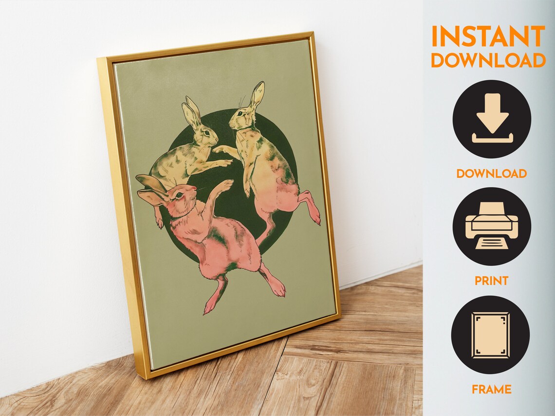 Dancing Hares Trio Sage Green Retro Rabbits Circle Vintage Art Poster - Image 6
