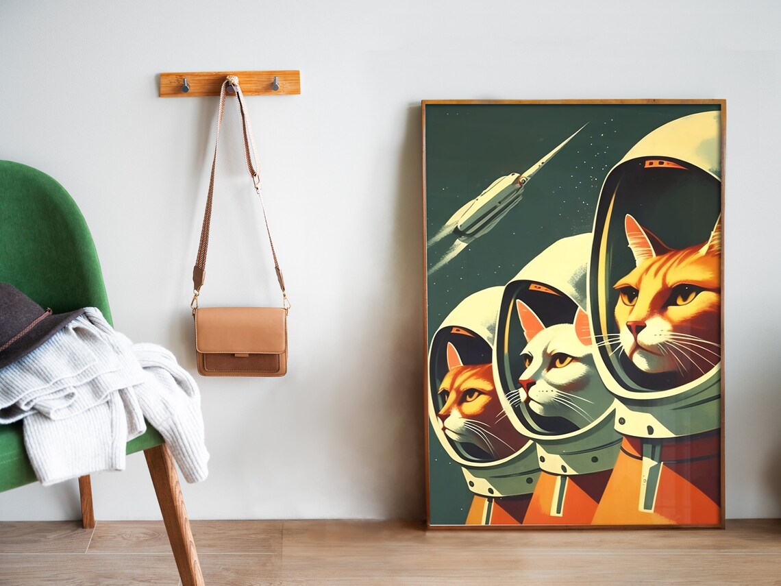 Retro Space Cats Astronaut Poster, Soviet Space Art - Image 5