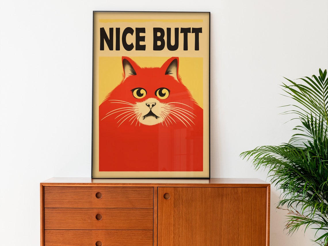 Nice Butt Funny Red Cat Face Retro Bathroom Quote Art Poster - Image 3