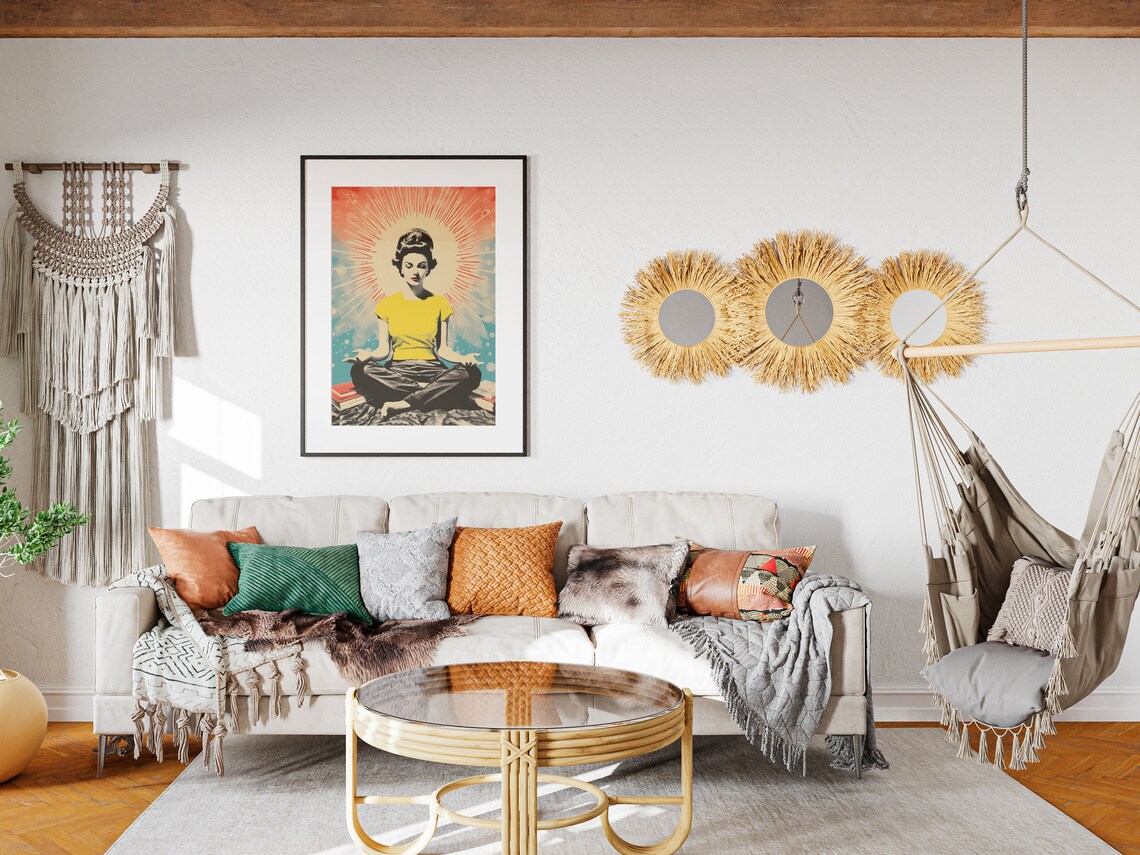 Meditating Girl Retro Yoga Studio Wall Art Print - Image 4