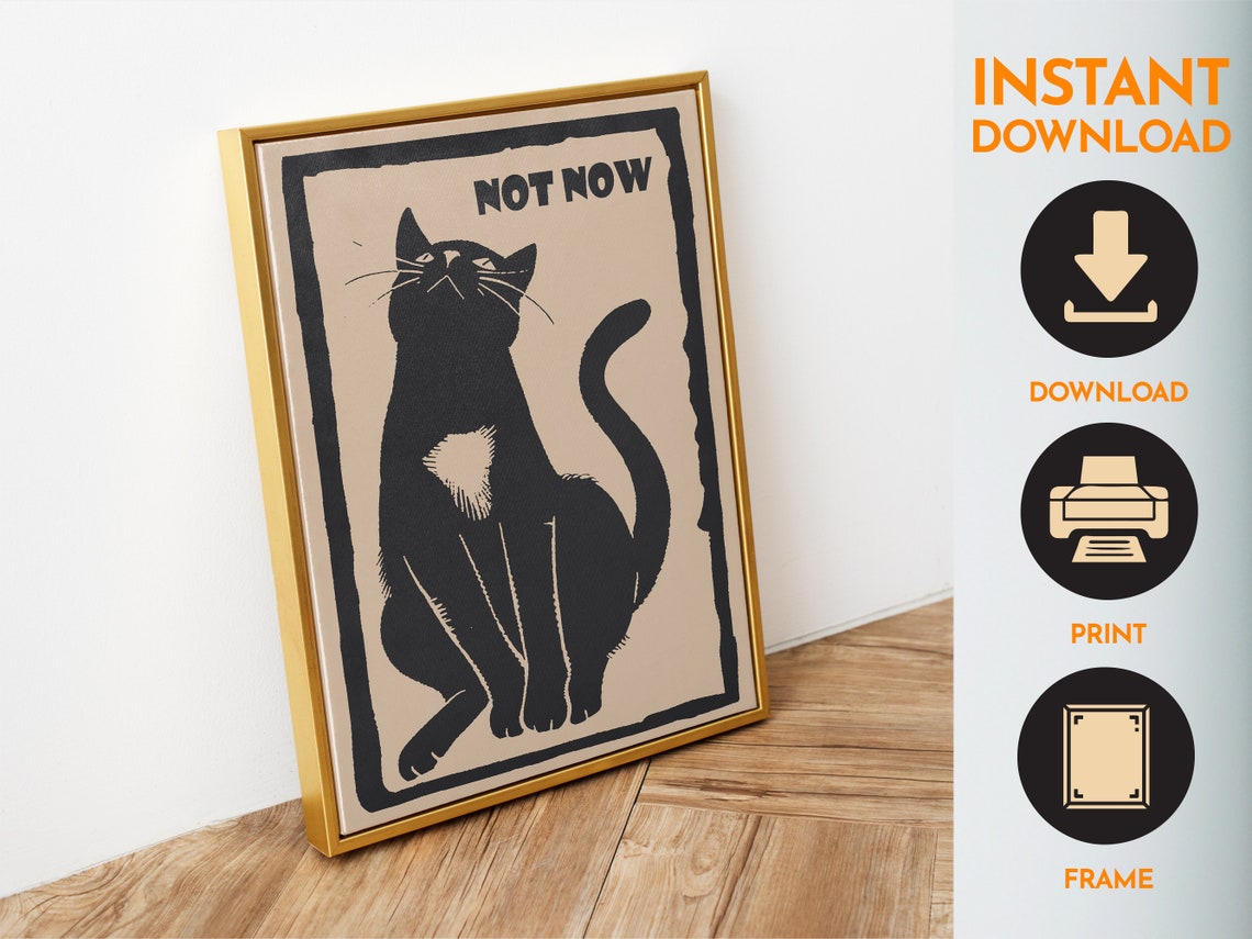 Not Now Grumpy Black Cat Retro Linocut Funny Attitude Cat Poster - Image 6