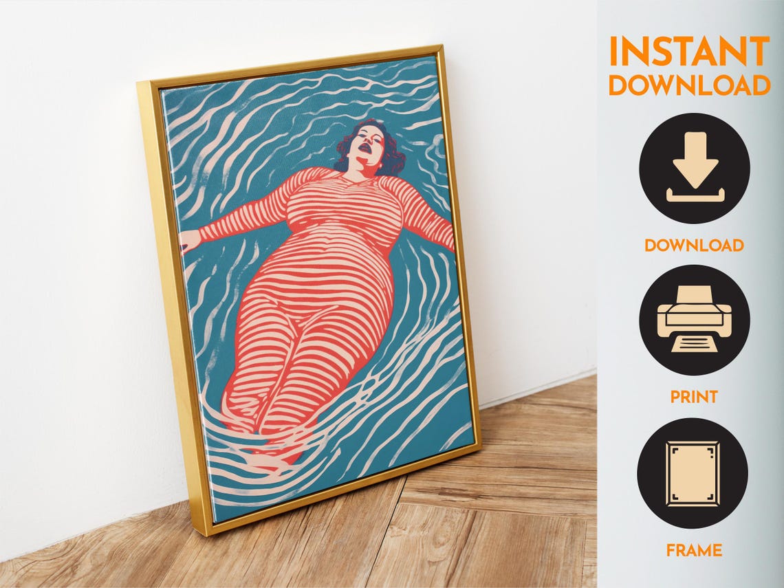Floating Woman In Striped Red Swimsuit Retro Pool Art Poster - Image 6