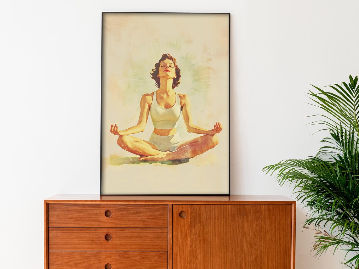 Woman Meditating In Lotus Pose Retro Yoga Wellness Art Poster - Image 3