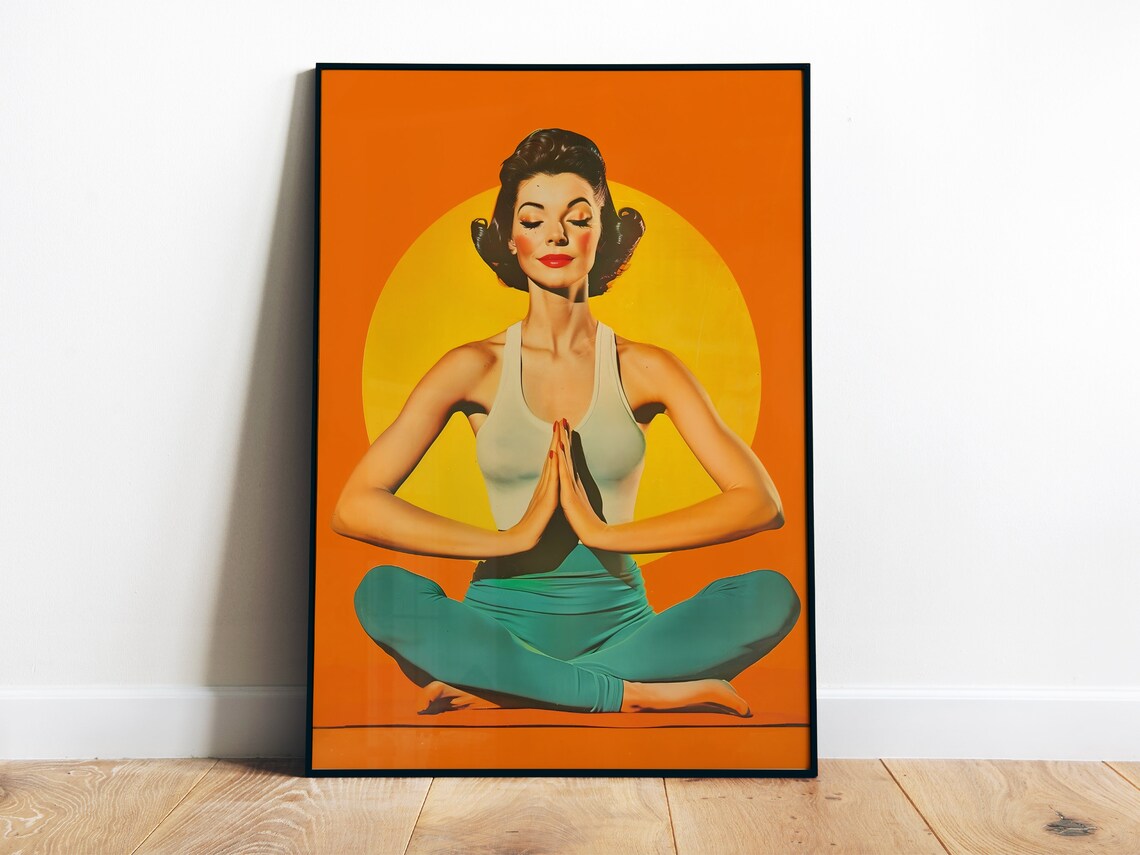 Meditating Woman Yoga Pose Retro 70s Zen Wellness Art Poster