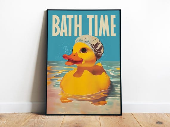 Bath Time Poster Bathroom Wall Art Duck Print Retro Poster Funny Toilet Print Yellow Rubber Duck Print Kids Bathroom Decor