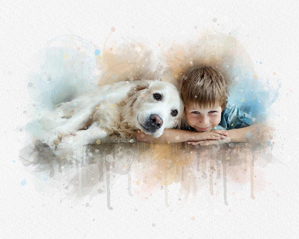 Custom Watercolor Pet Portrait From Photo Boy With Dog Framed Print - Image 4