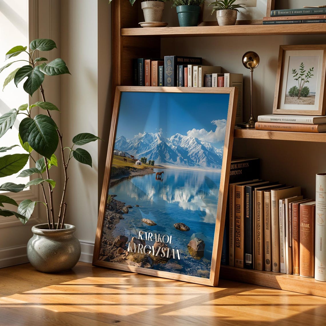 Karakol Kyrgyzstan Mountain Lake Horses Snowy Peaks Travel Poster