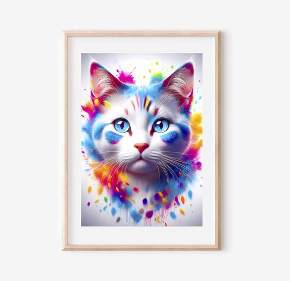 White Cat Face Close-Up With Colorful Paint Splashes Art Poster