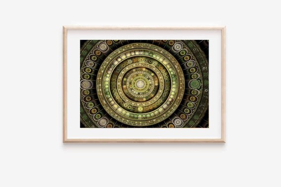 Golden Green Ornate Mandala Circles On Dark Ground Art Poster