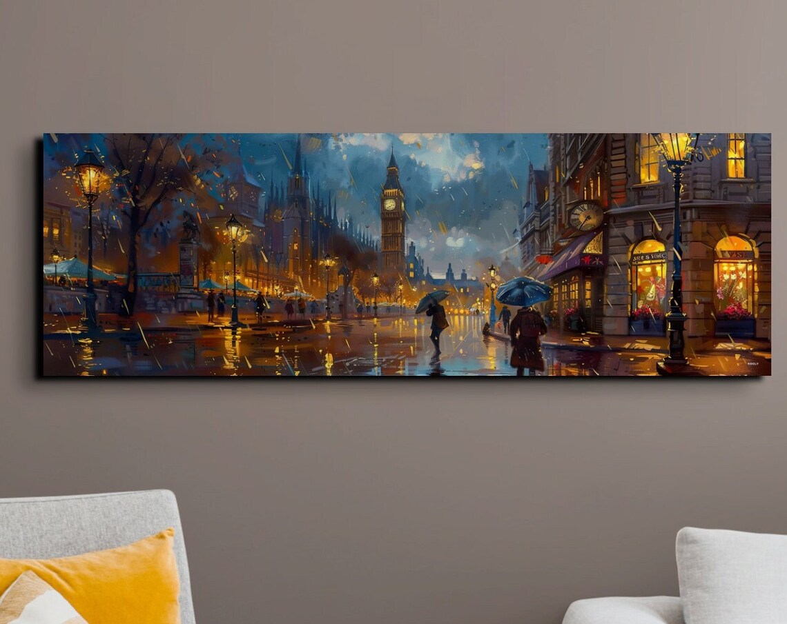 Rainy London Street Big Ben Night Panoramic Cityscape Poster