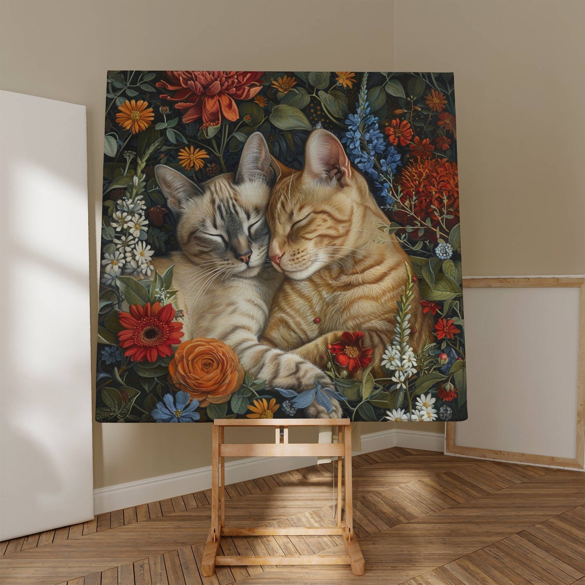 Two Cuddling Cats Napping Among Vibrant Wildflower Blooms Poster - Image 7