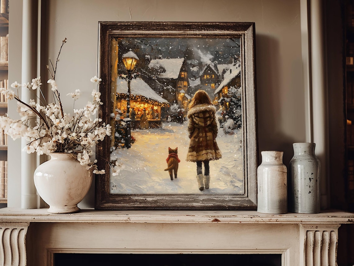 Christmas Woman and Cat Walking in the Snow Art Print