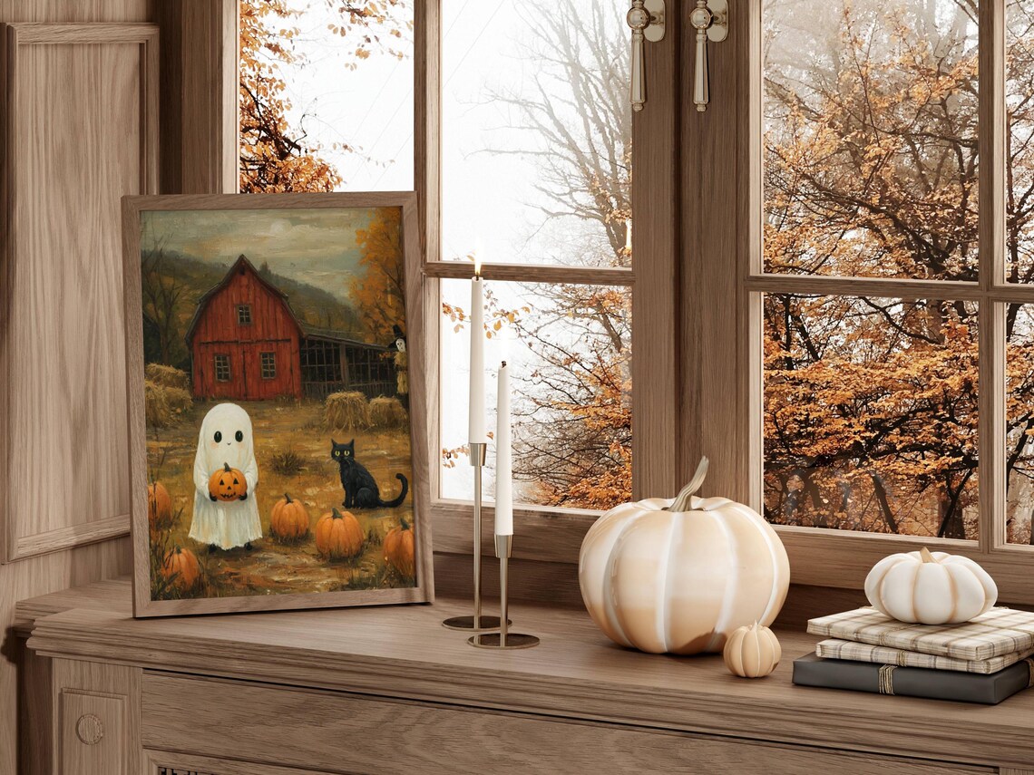 Ghost and Cat in Pumpkin Patch, Whimsigoth Poster - Image 5