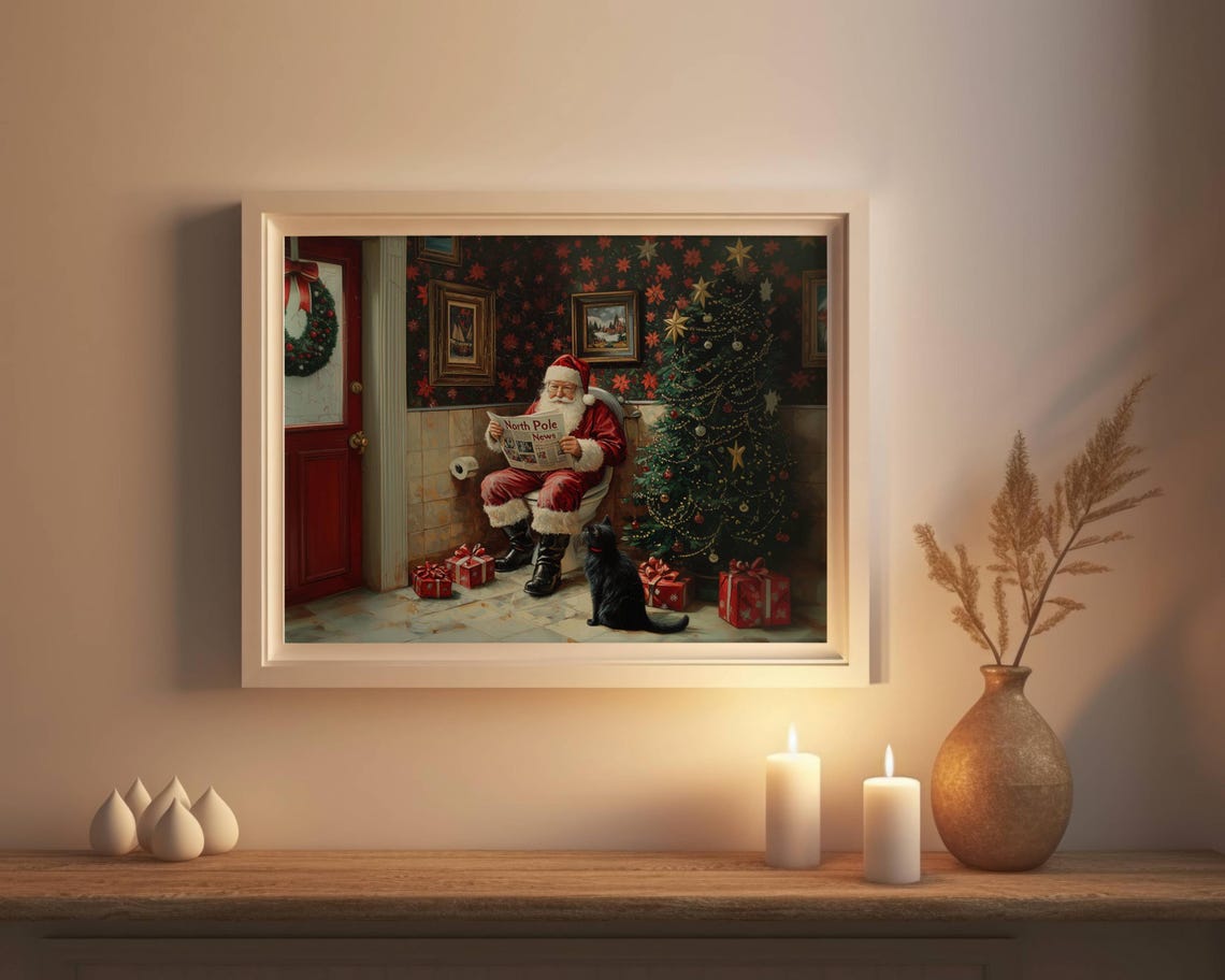 Santa Claus Reading North Pole News on a Toilet With Black Cat Poster - Image 5