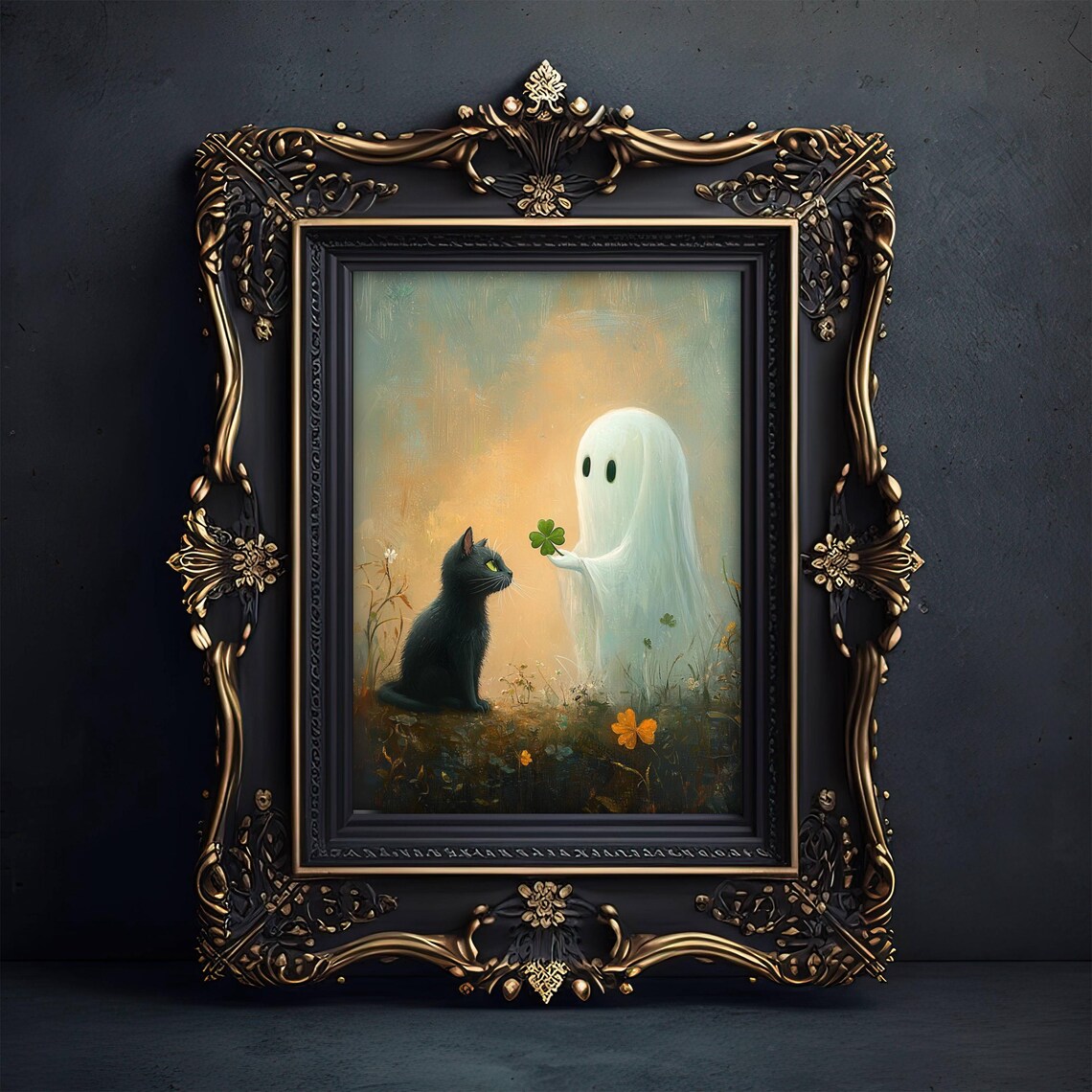 Black Cat And Ghost With Four Leaf Clover Art Print - Image 6