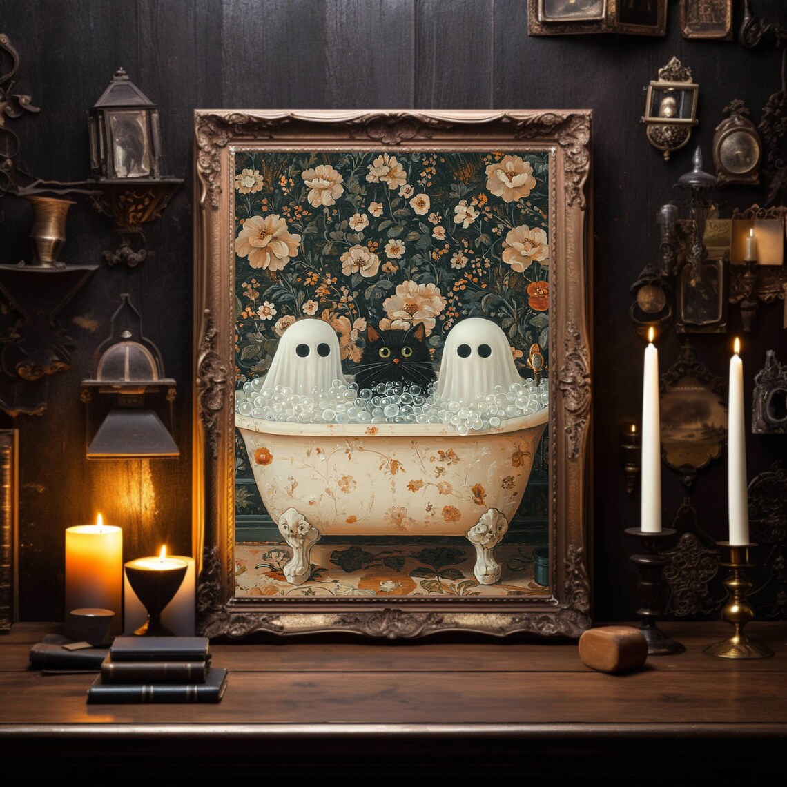 Ghosts And Cat in Bathtub, Halloween Art Print - Image 7