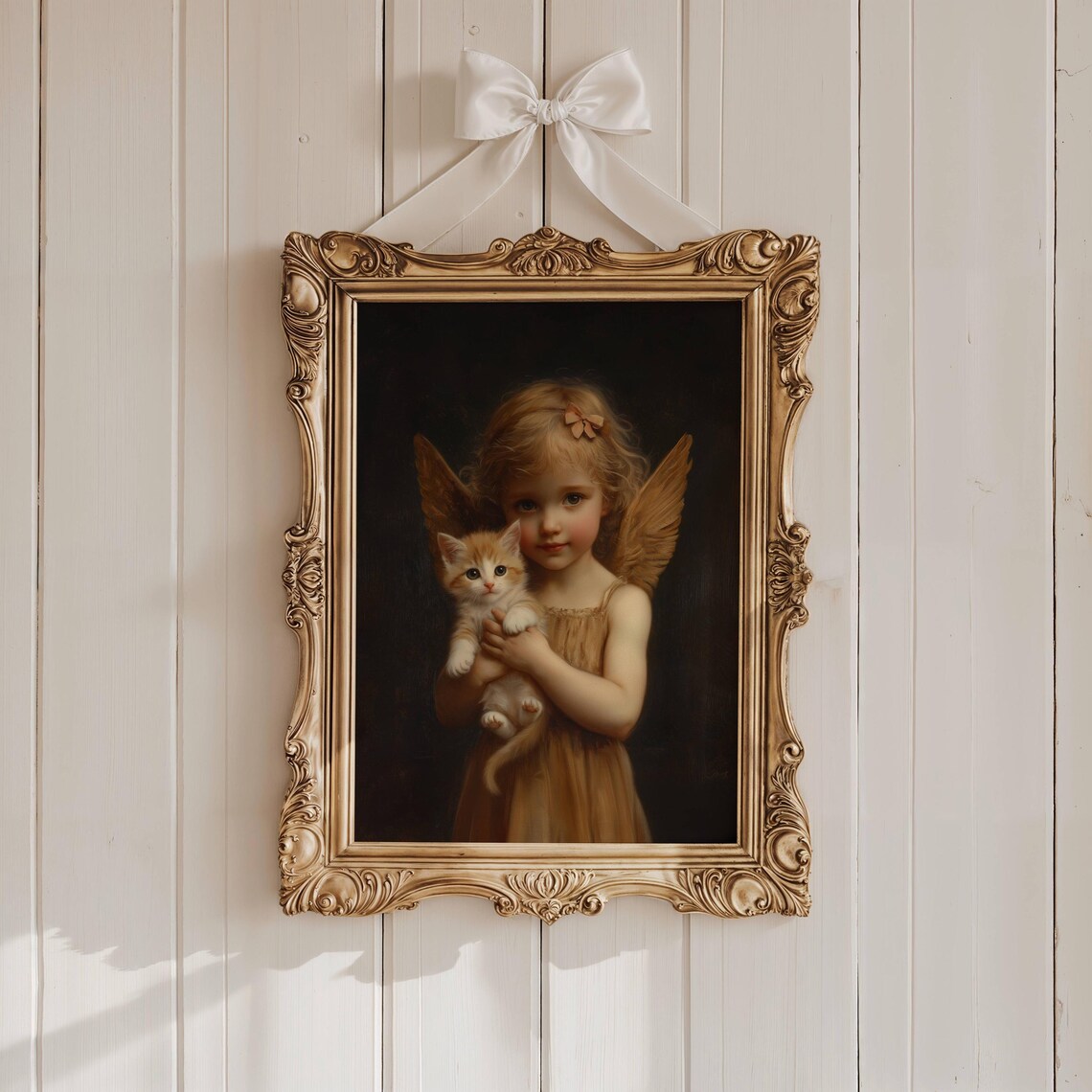 Victorian Angel Girl With Golden Wings Holding an Adorable Orange Kitten Poster - Image 3