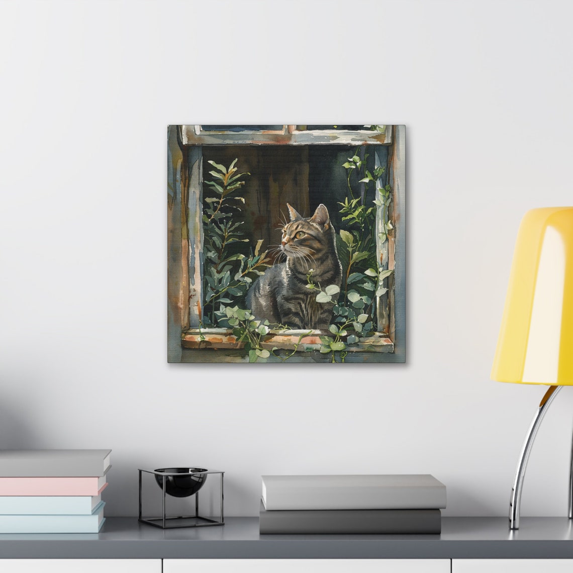 Tabby Cat Sitting in a Rustic Window Surrounded by Plants Poster - Image 3