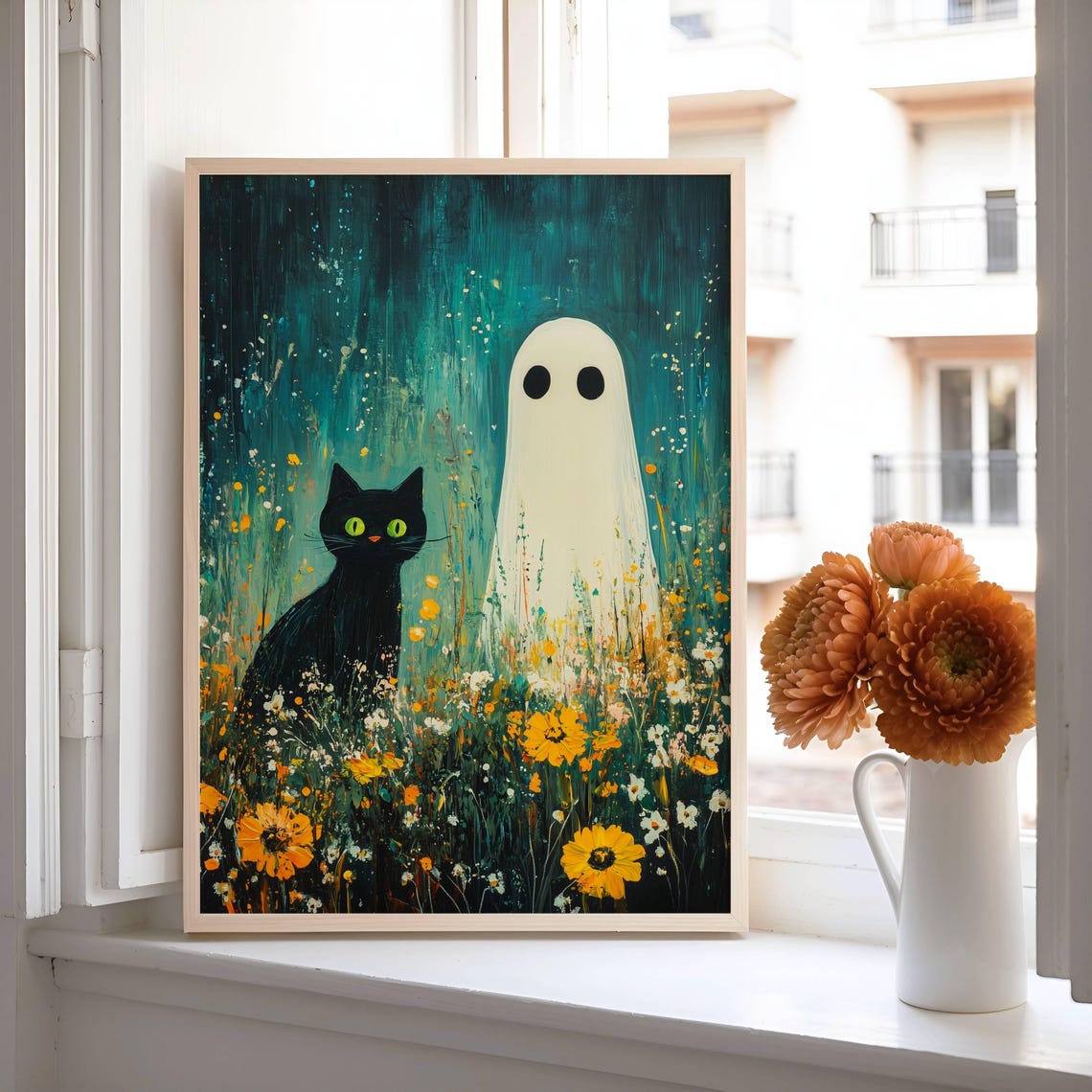 Black Cat and Ghost in Wildflowers Under a Starry Teal Sky Poster - Image 2