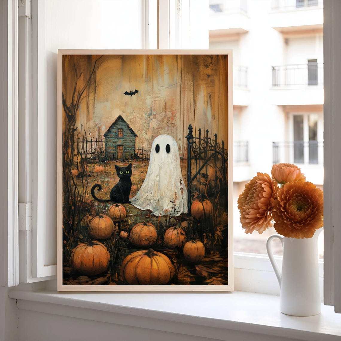 Black Cat and Wildflowers Art Print