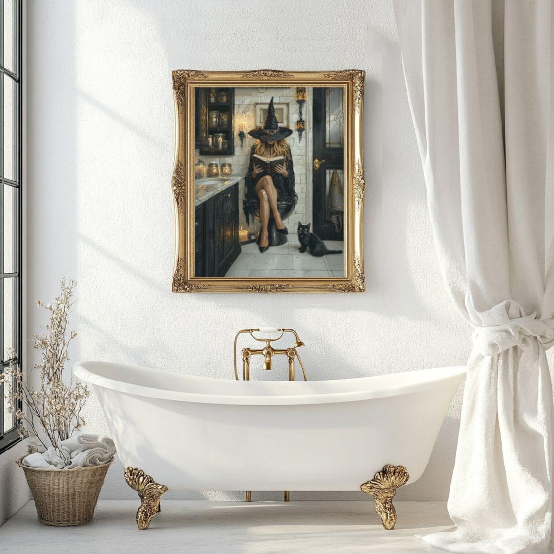 Witch Reading in Bathroom, Whimsigoth Cat Art Print - Image 2