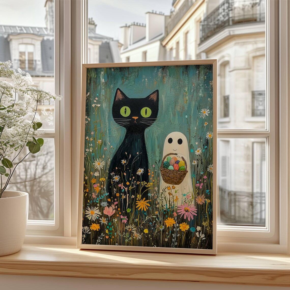 Black Cat and Tiny Ghost Hunting Easter Eggs Among Spring Wildflowers Poster - Image 2