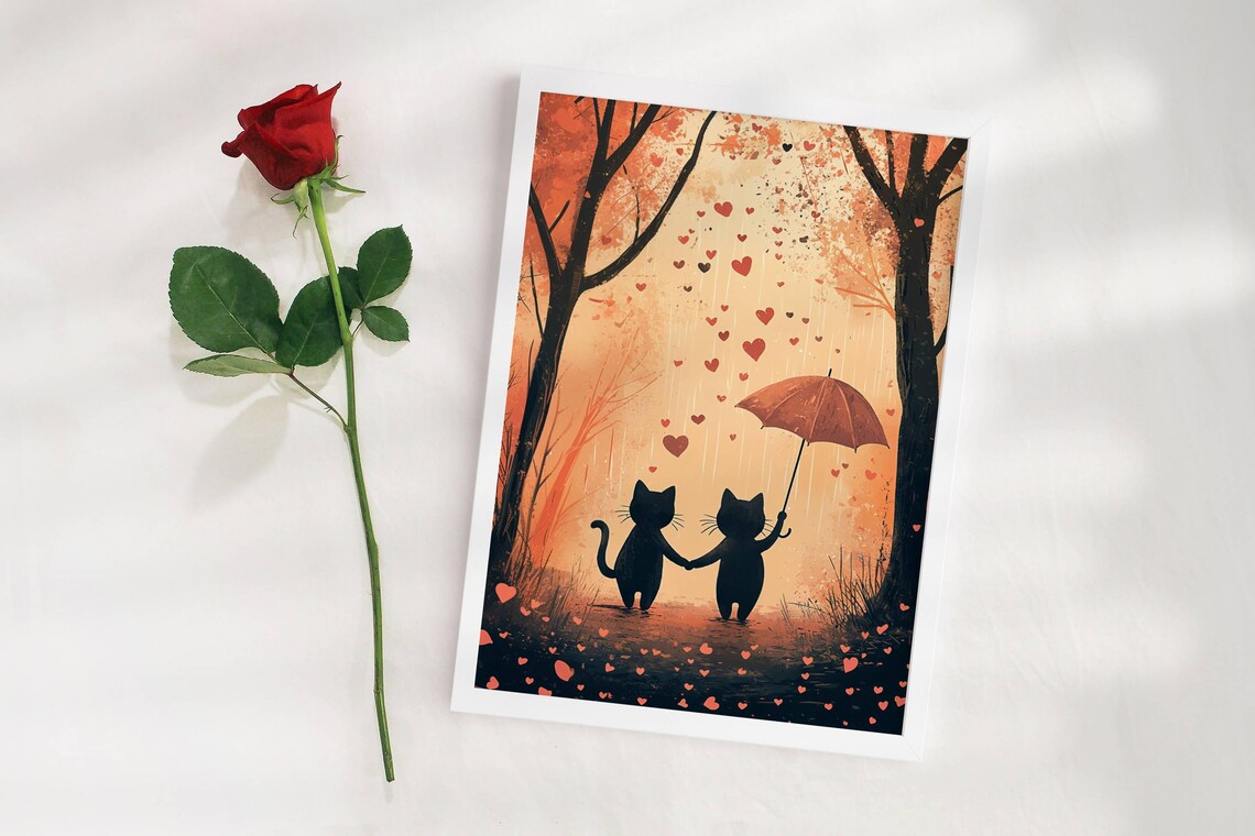 Cats In The Rain Valentine Art Print, Cute Cat Couple - Image 5