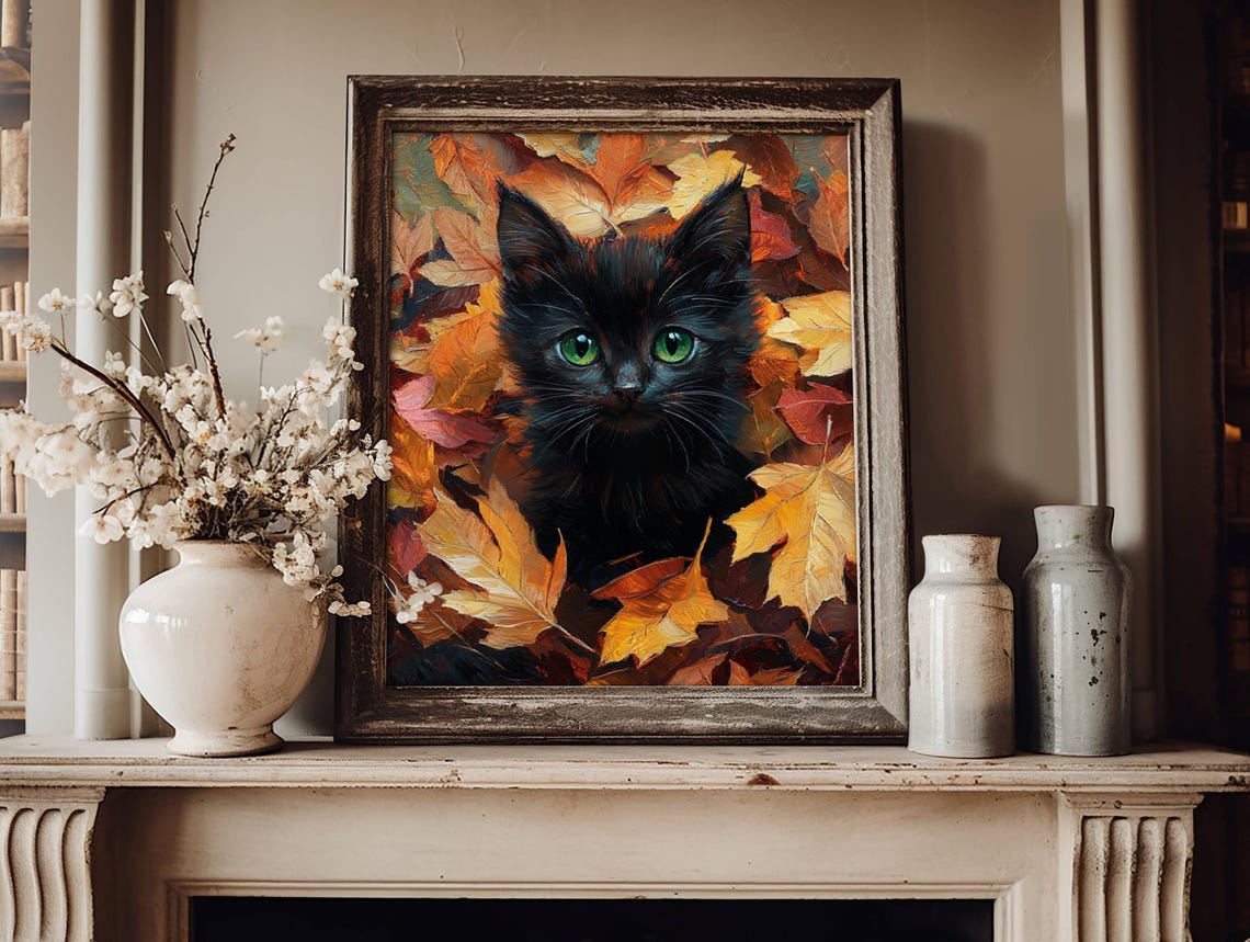 Black Kitten With Green Eyes Among Autumn Fall Leaves Poster - Image 6