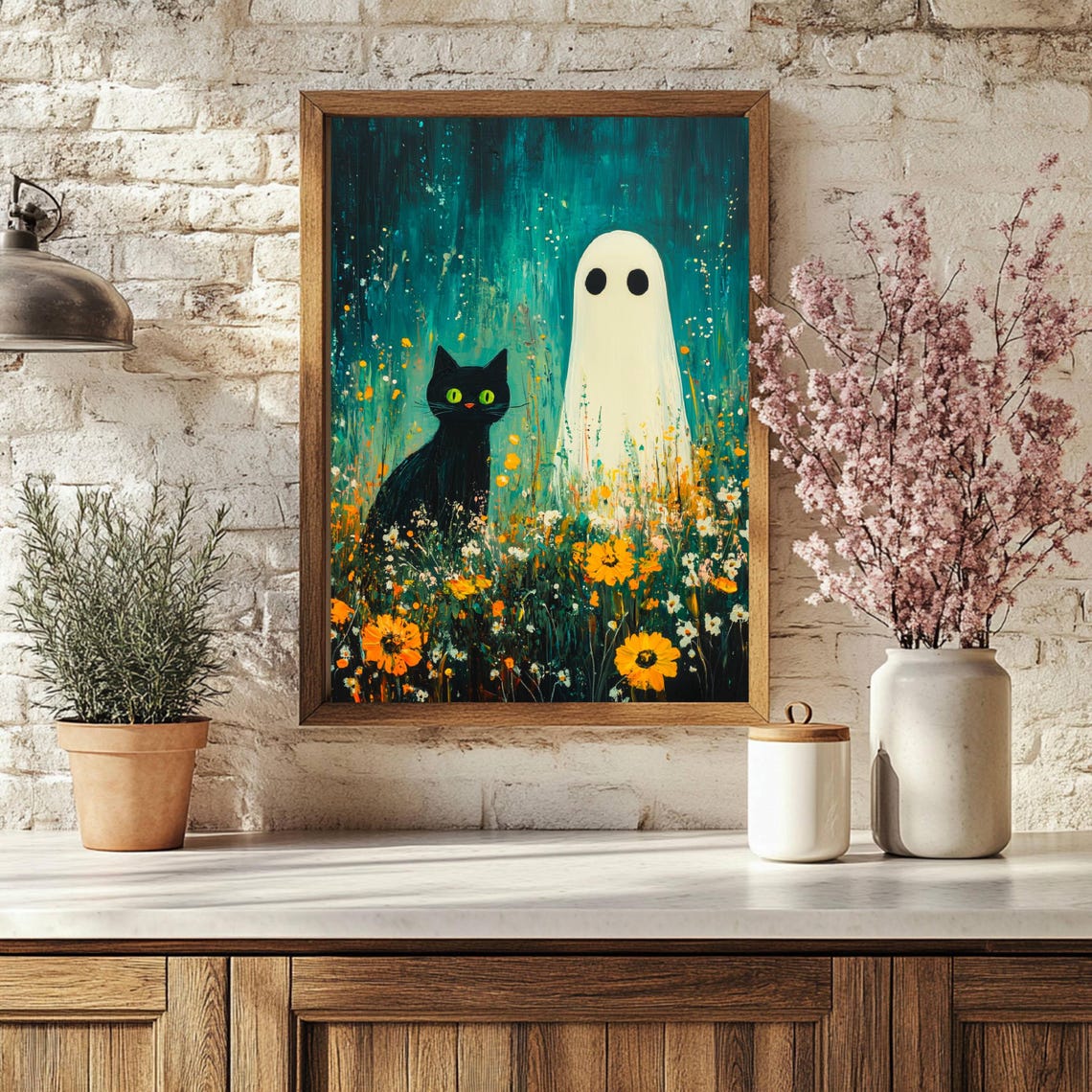 Black Cat and Ghost in Wildflowers Under a Starry Teal Sky Poster - Image 6