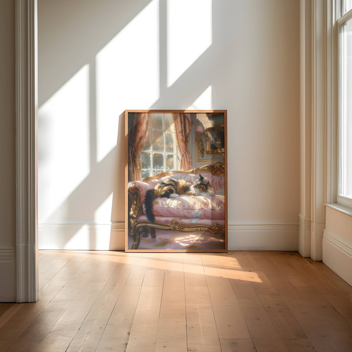 Long Haired Calico Cat Lounging On A Pink Baroque Chaise Poster - Image 7