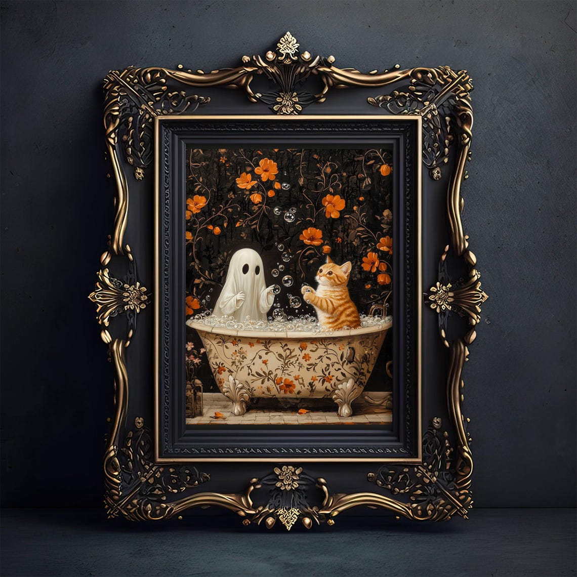 Cute Ghost and a Playful Orange Kitten in a Bubble Bath Poster