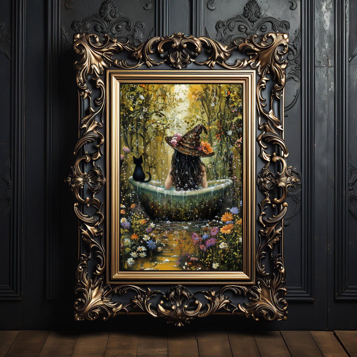 Witch Bathing Outdoors in a Flower Garden With Her Black Cat Poster - Image 4