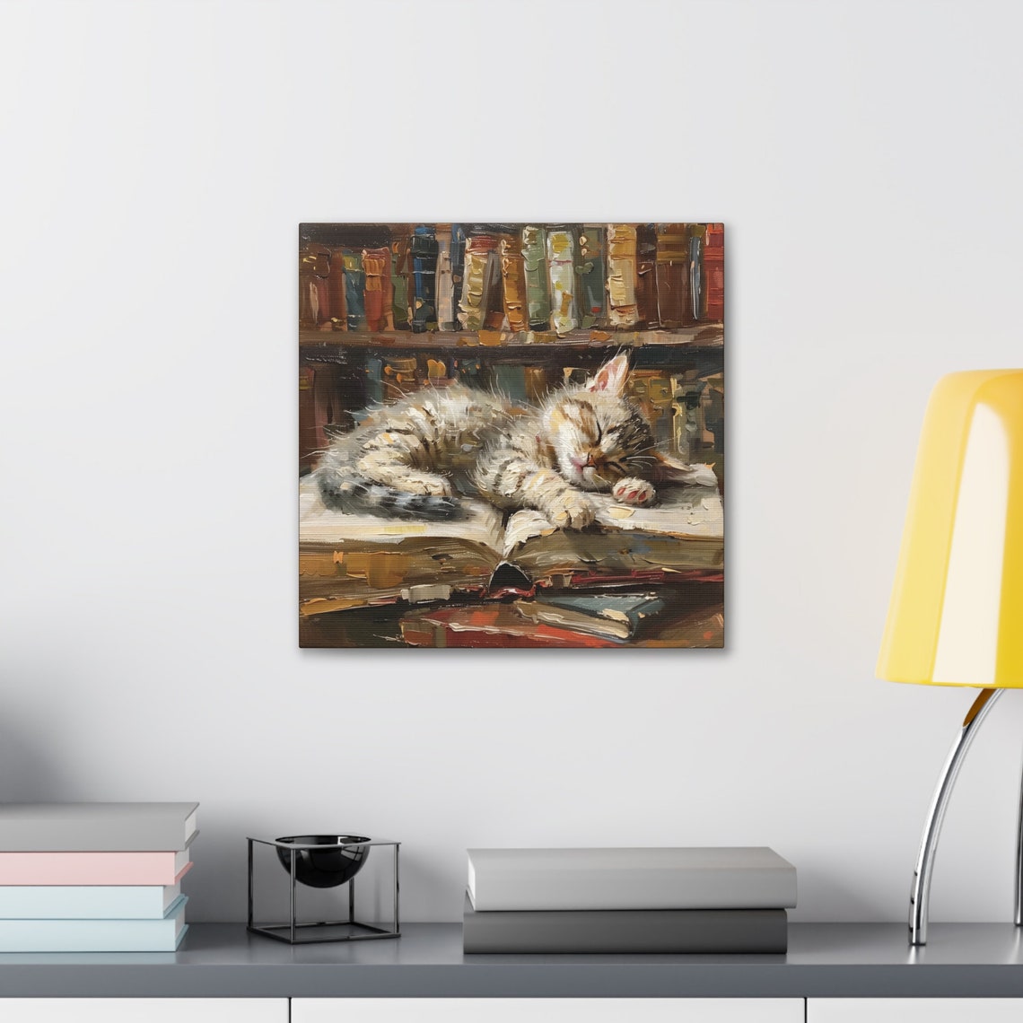 Tabby Kitten Sleeping on Open Book in Library Oil Painting Poster - Image 2