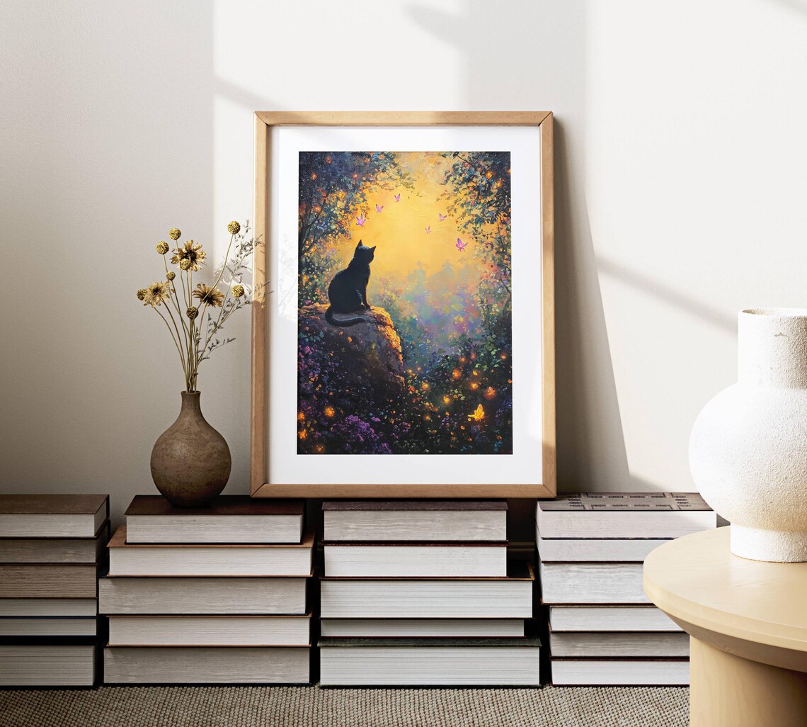 Black Cat Silhouette on a Rock in a Glowing Golden Sunset Forest Scene Poster - Image 5