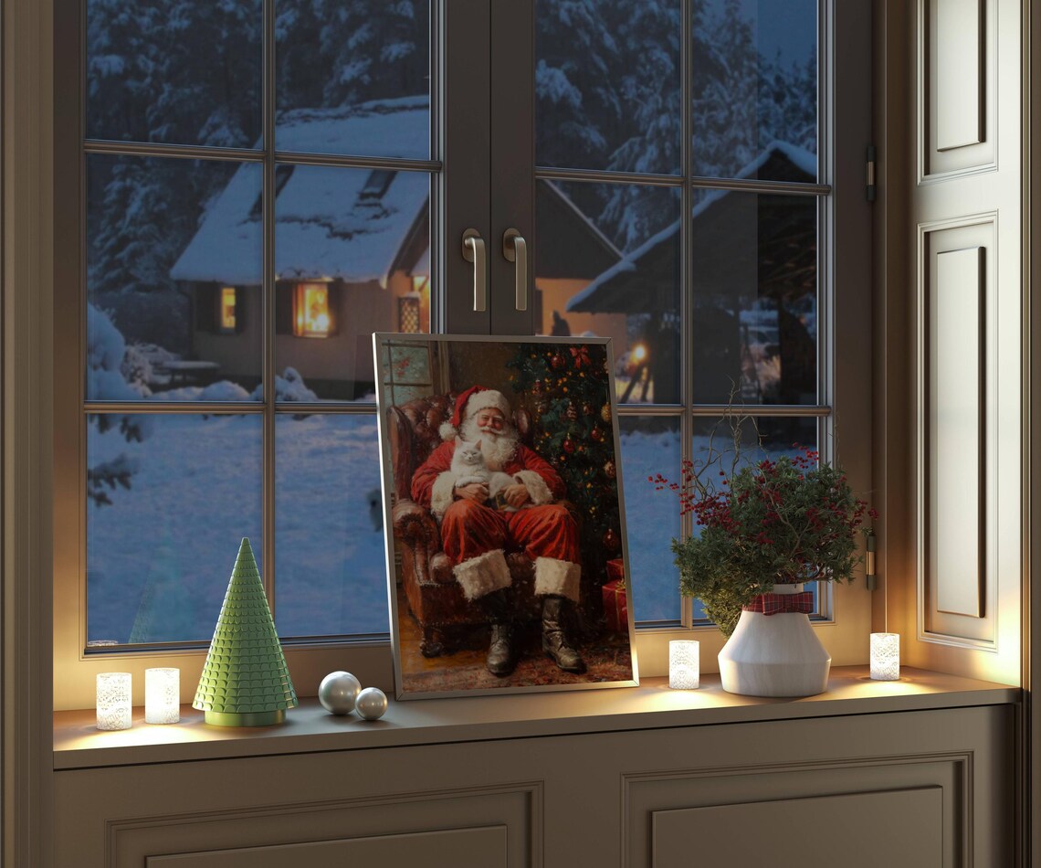 Santa and White Cat Christmas Holiday Art Print - Image 2